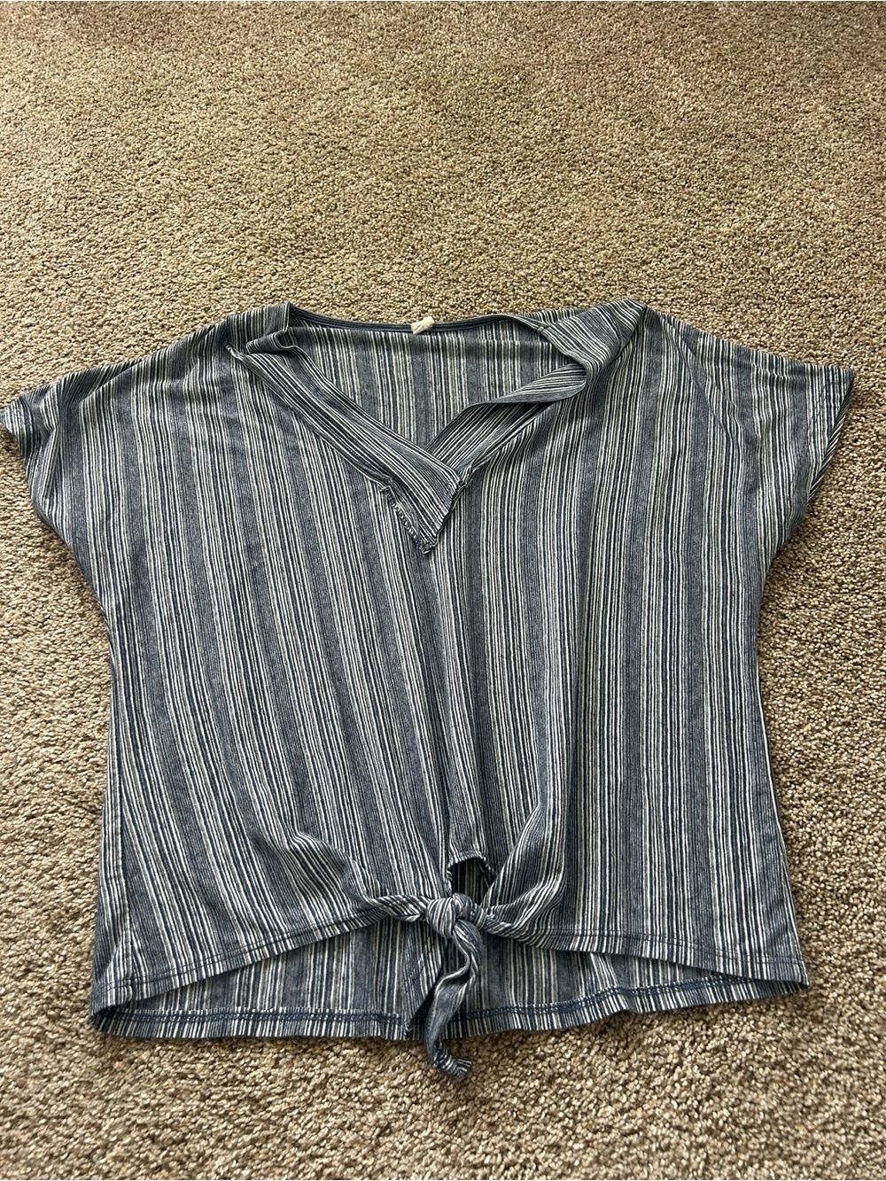 sundays Striped Tie-Front V-Neck Crop Top - Blue & White